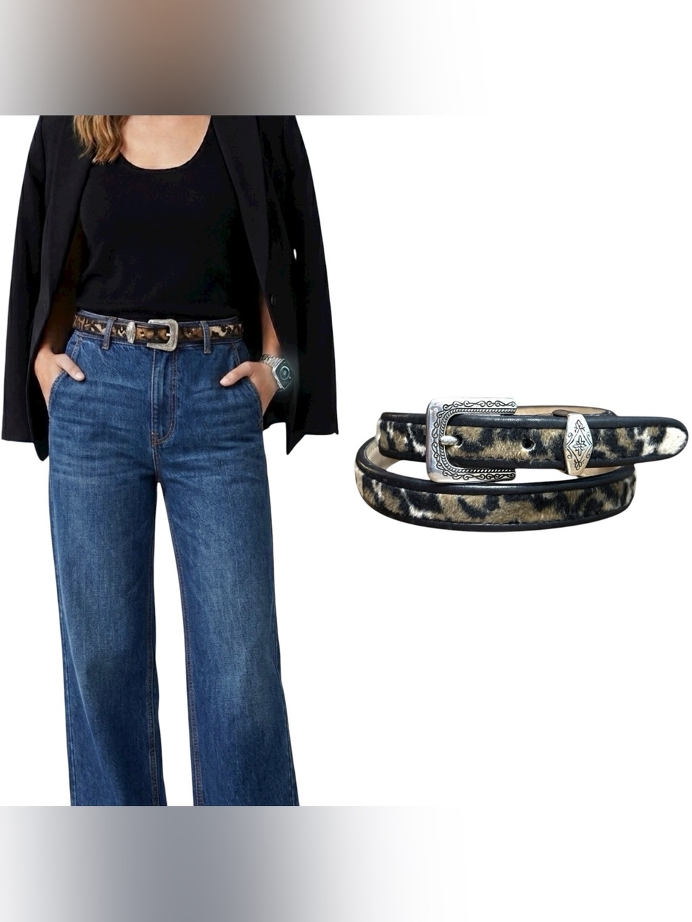 Vintage Brighton Leopard Print & Leather Skinny Western Engraved Belt S / 28 EUC